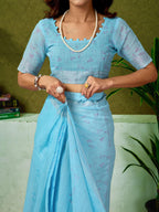 Satrani WomenS Linen Zari Border Printed Ready To Wear One Minute Pre Pleated Readymade Saree With Unstitched Blouse Piece (34R