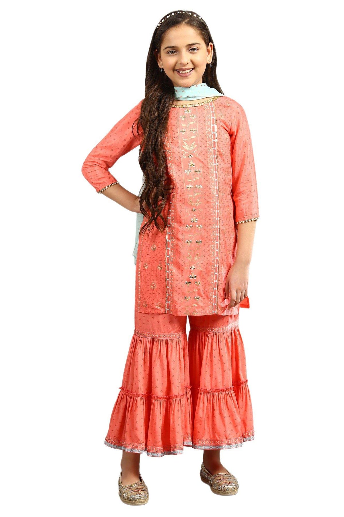 Aurelia Girls Viscose Top Sharara Dupatta (21FEG10136B-503277_Peach_8-9)