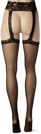 Elegant Moments SHEER THIGH HI WITH LACE GARTER BELT. - ONE SIZE - BLACK