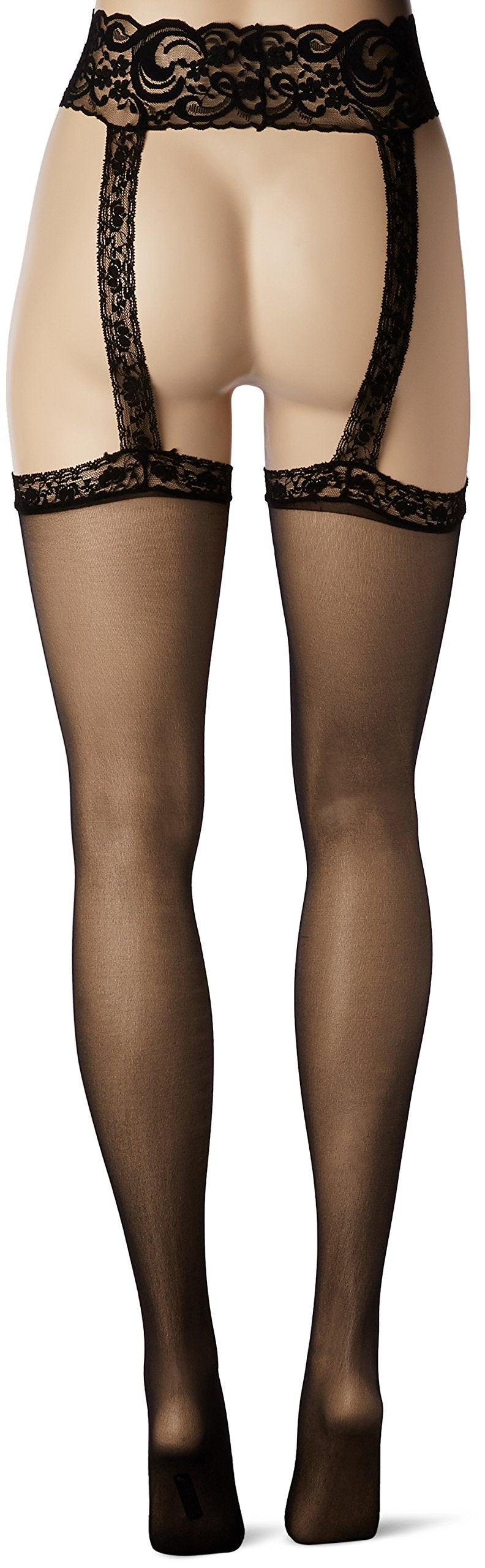 Elegant Moments SHEER THIGH HI WITH LACE GARTER BELT. - ONE SIZE - BLACK