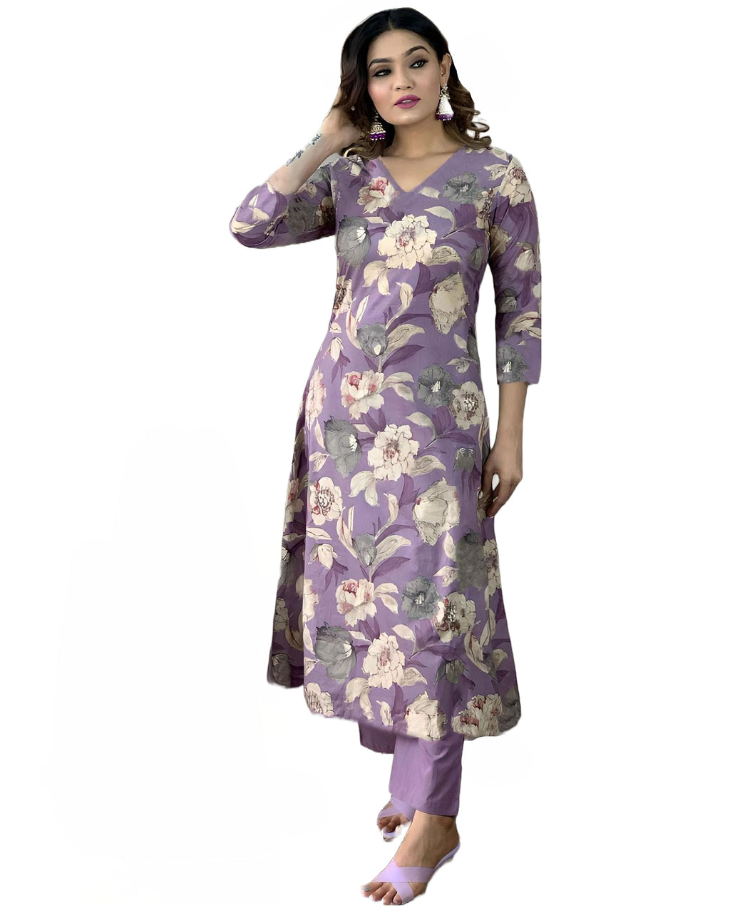 ANNI DESIGNER Womens Rayon Straight Printed Kurta with Pant Set (DHUN Purple_L_Purple_Large)
