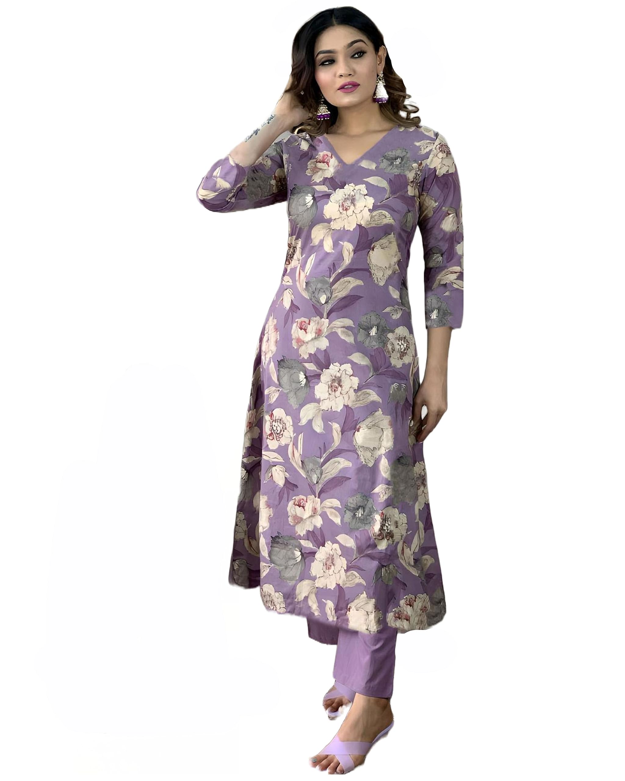 ANNI DESIGNER Womens Rayon Straight Printed Kurta with Pant Set (DHUN Purple_L_Purple_Large)