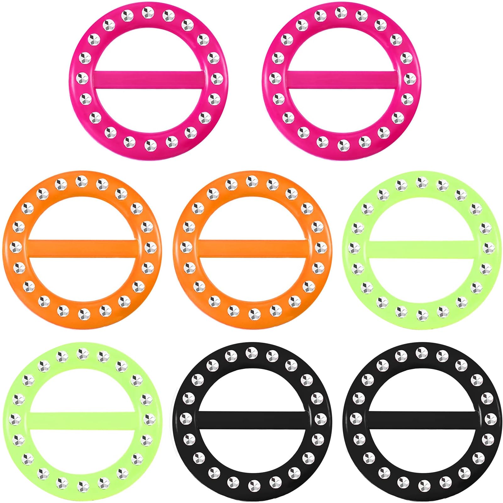 Boao 8 Pieces 80s Party Plastic Fashion T Shirt Clips Silk Scarf Ring T-shirt Tie Clips for Halloween Women Fashion Round Circle