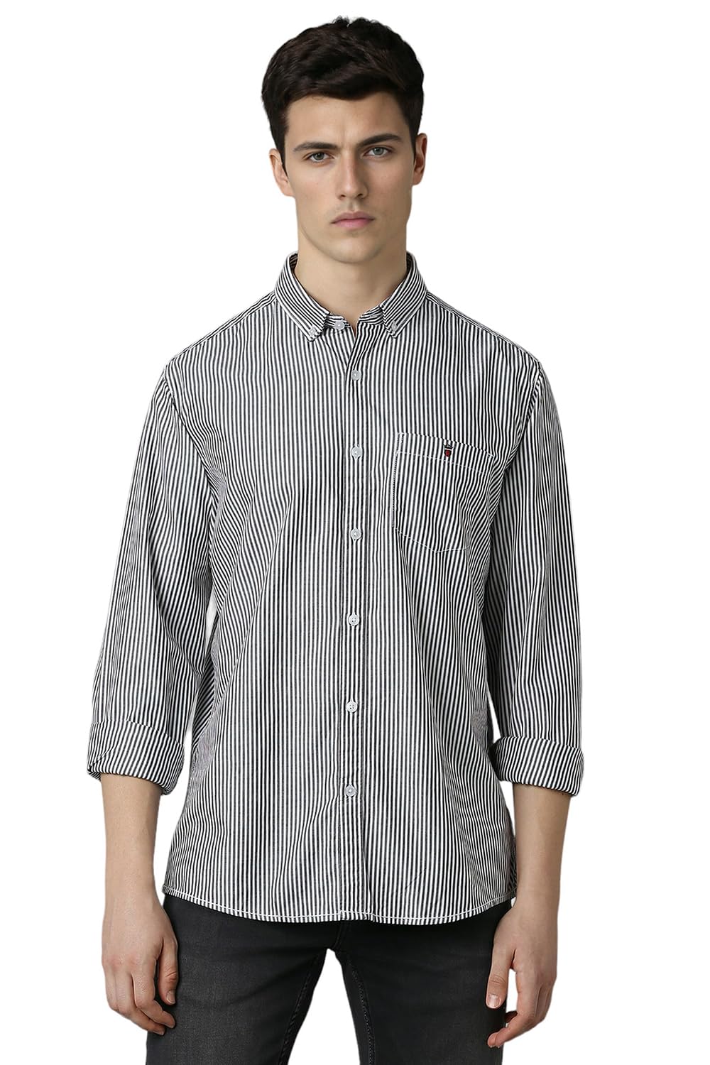 Louis Philippe Men Grey Slim Fit Stripe Full Sleeves Casual Shirt
