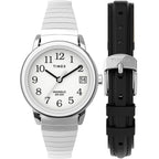 Timex Women's Easy Reader 25mm Watch Box Set - Silver-Tone Case White Dial with Tapered Expansion Band + Black Leather Strap