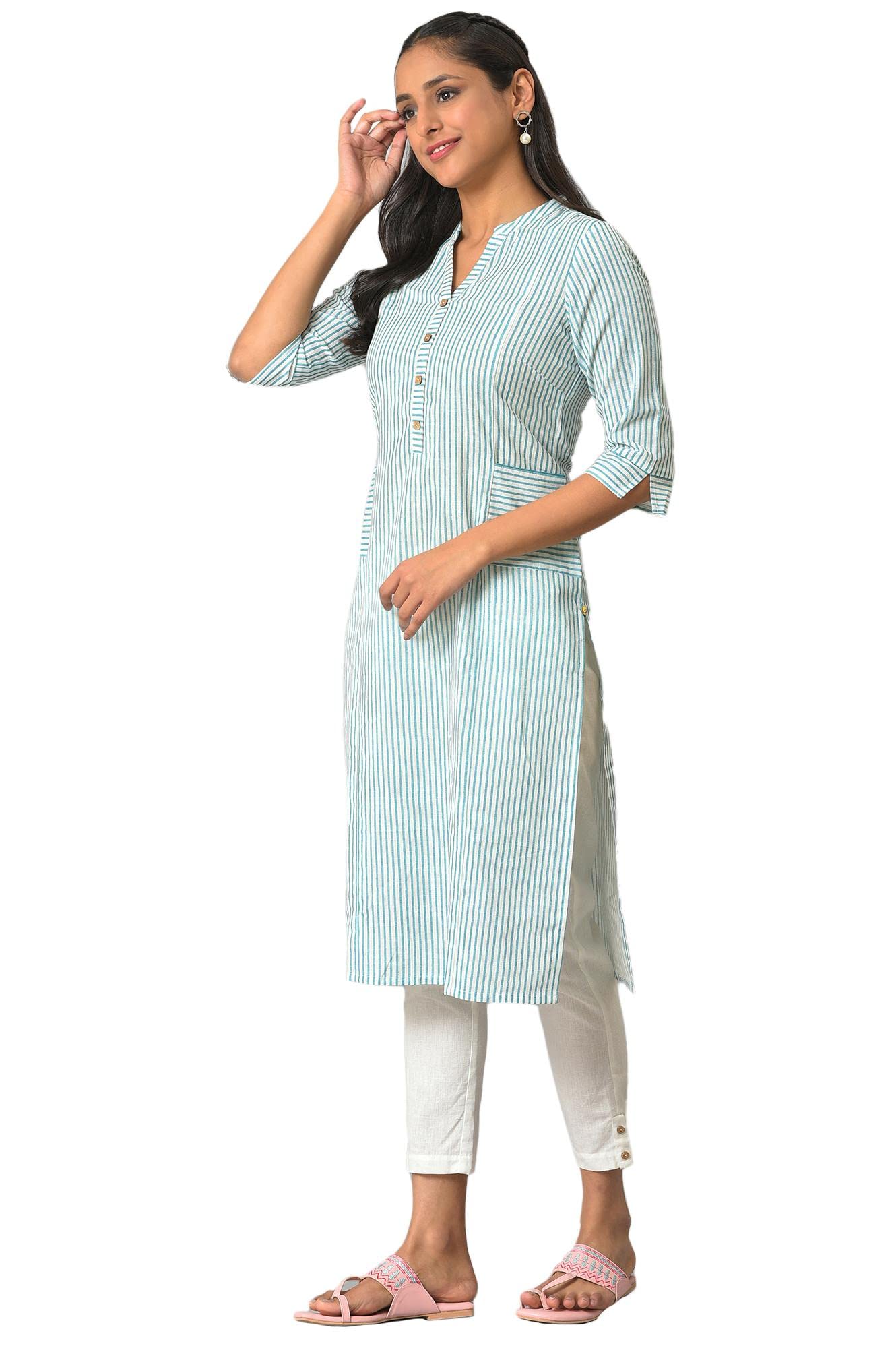 Aurelia Green Vertical Striped Cotton Regular Kurta