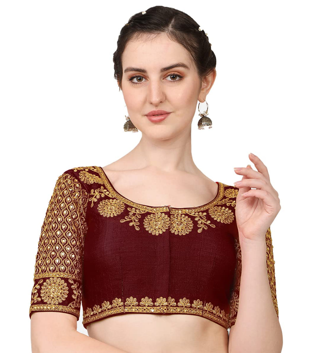 Vihu Fashion Womens Multicolor Heavy Hand Morpankh Sleeves Embroidery Thread Stone Work Phantom Silk Readymade Blouse for Saree
