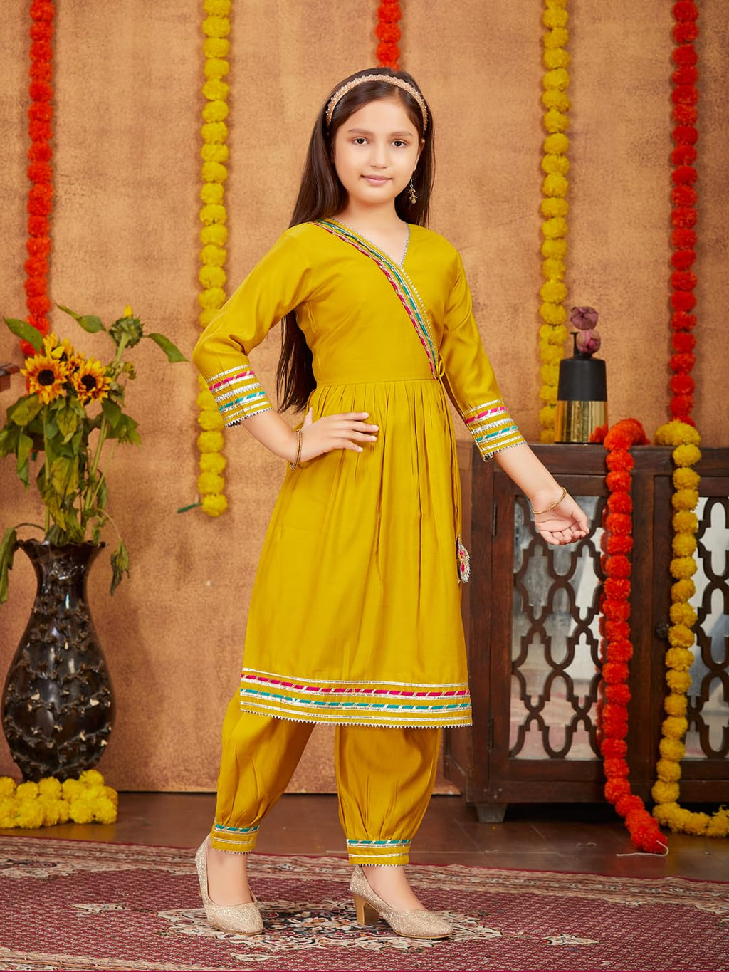 Aarika Girls Ethnic Wear Yellow Colour Solid With Gota Lace Work Silk Kurti Patiala Set (5-11 Years)