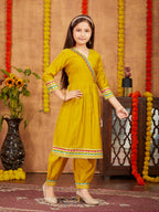 Aarika Girls Ethnic Wear Yellow Colour Solid With Gota Lace Work Silk Kurti Patiala Set (5-11 Years)