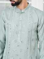 See Designs Mens Full Sleeve Mandarin Collar Grey Mirror Worked and Sequin Embroidered Straight Long Kurta - Festive Collection
