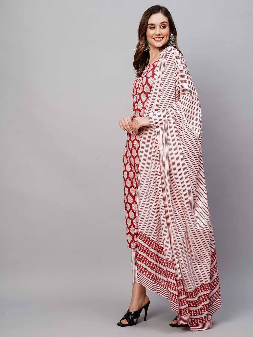 ANNI DESIGNER Womens Cotton Blend Staright Printed Kurta with Pant & Dupatta (Vedavati Red_XXL_Red_XX-Large)