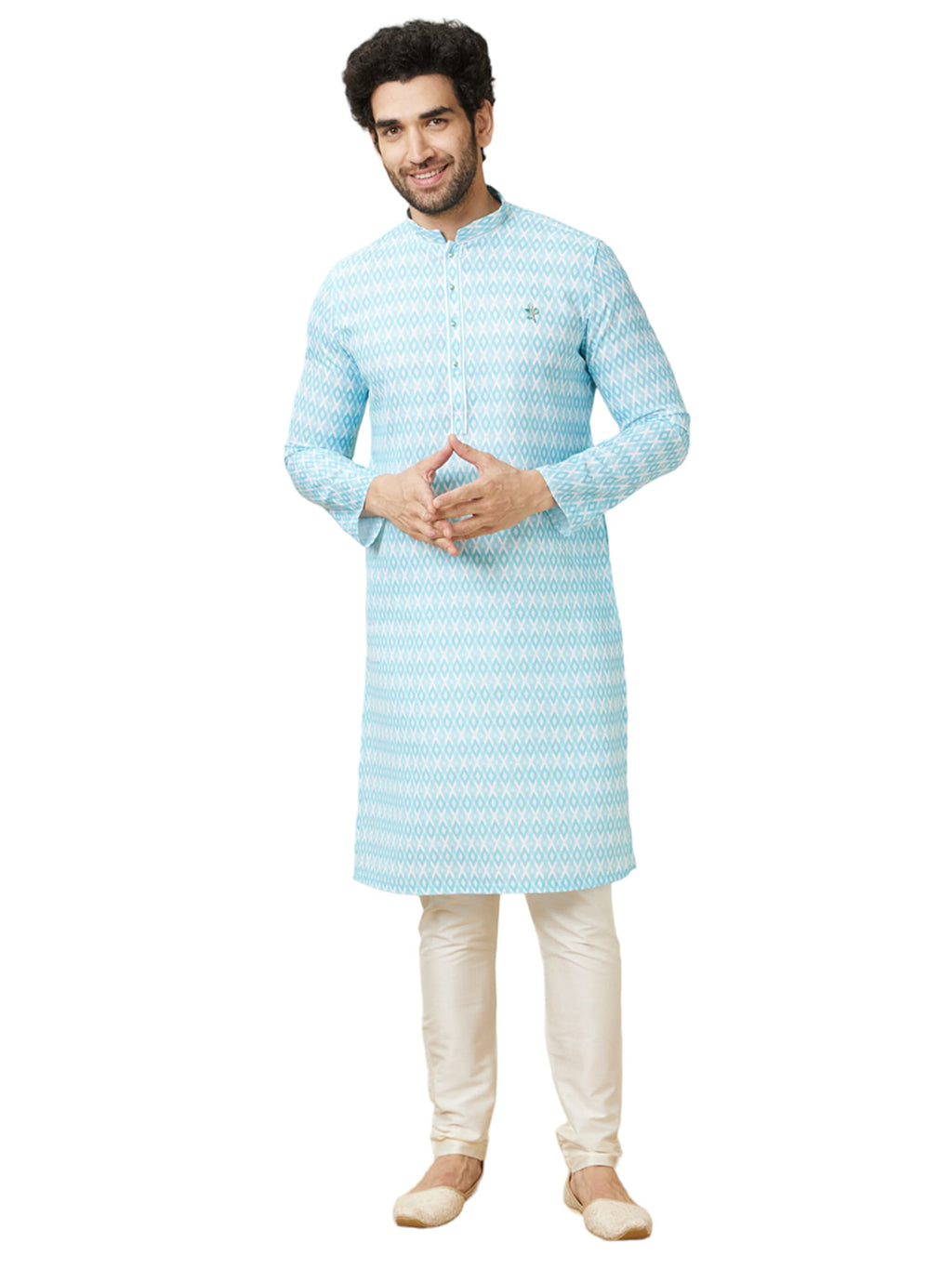 Manyavar MenS Blended Cotton Printed Full Sleeves Knee Length Kurta (Blue, Xxl)
