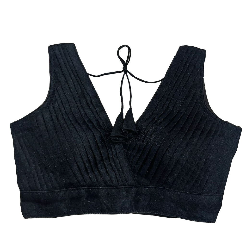 Pujia Mills Blouse Readymade Womens Zimmy Choo Sleevelees V Neck Platted Sleeveless Black Blouse Readymade Blouse for Women (Sh