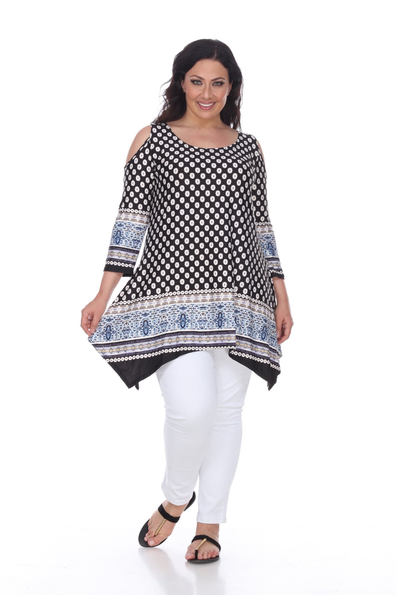 White Mark PS1305-153-3XL Womens Plus Size Antonia Cut-Out Shoulder Tunic Top  Black & White - 3XL