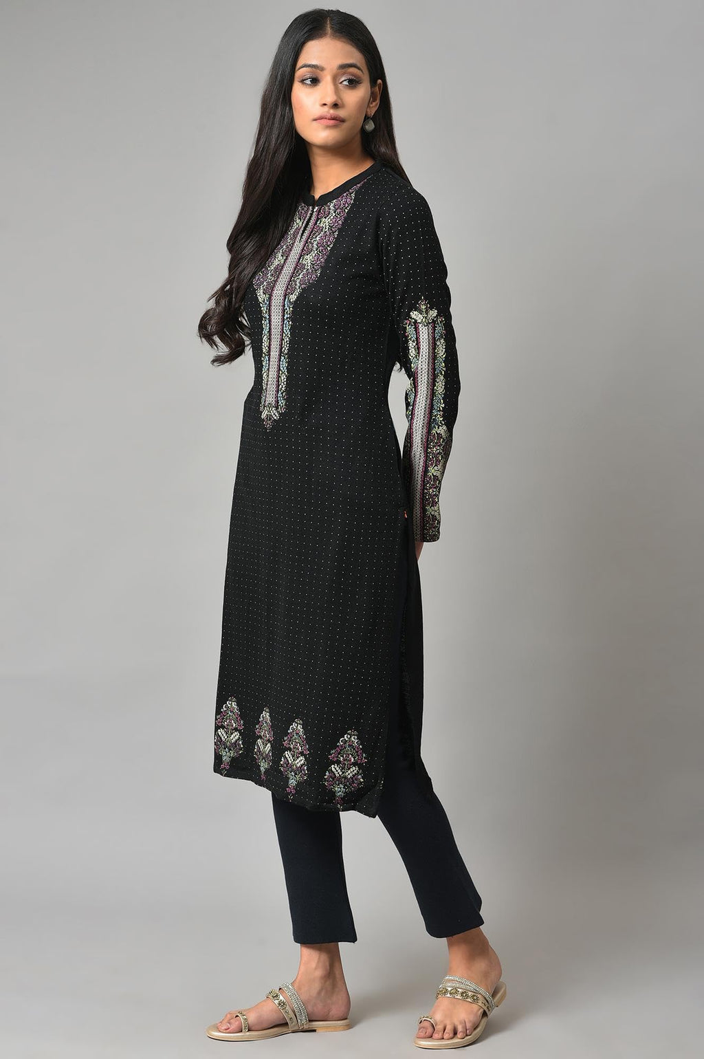 W For Woman Black Floral Printed Straight Winter Kurta