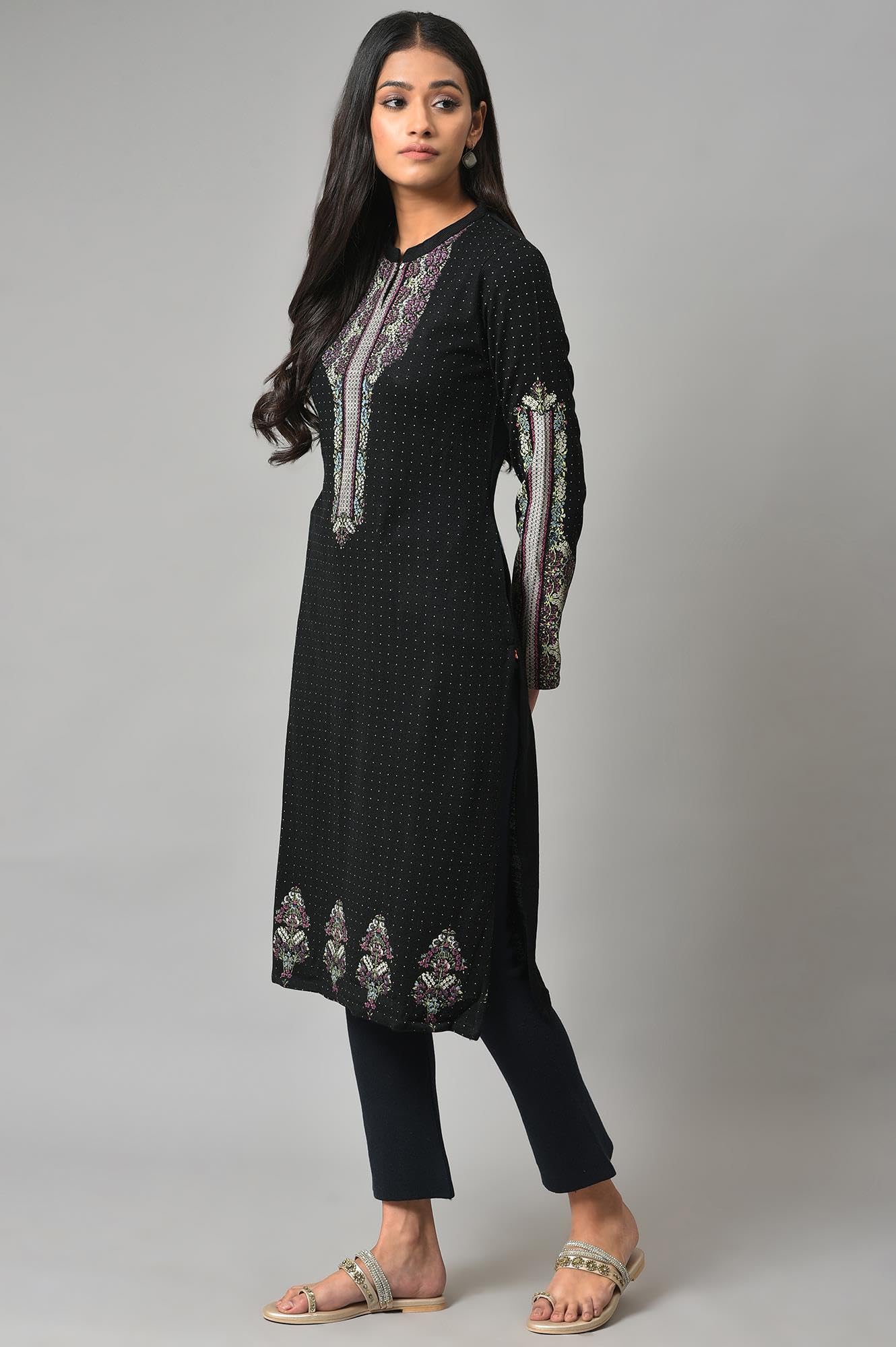 W For Woman Black Floral Printed Straight Winter Kurta