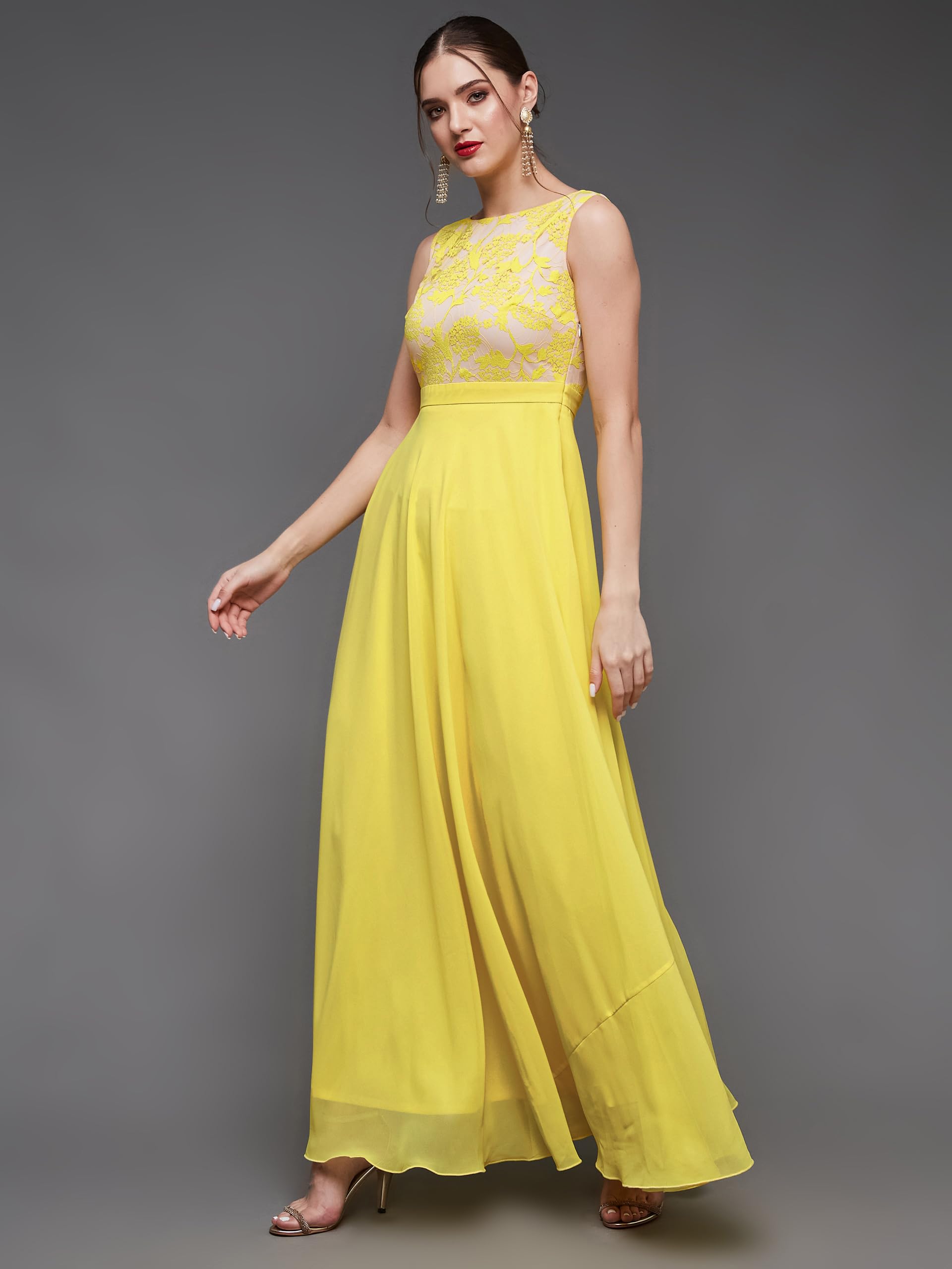 Miss Chase WomenS Round Neck Sleeveless Georgette Floral Lace Fit & Flare Maxi Dress Light Yellow