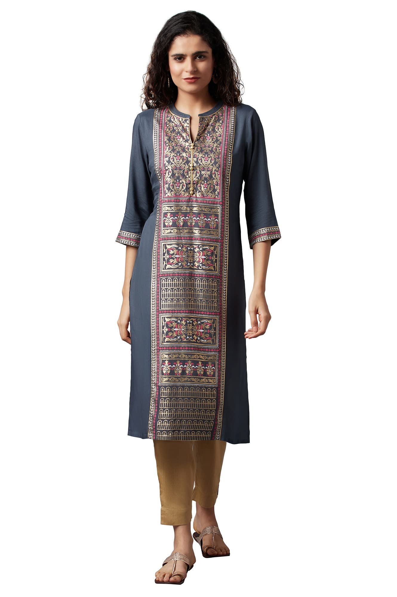 Aurelia Women'S Viscose Floral Regular Kurta (22Fea13163-504472_Grey_M)