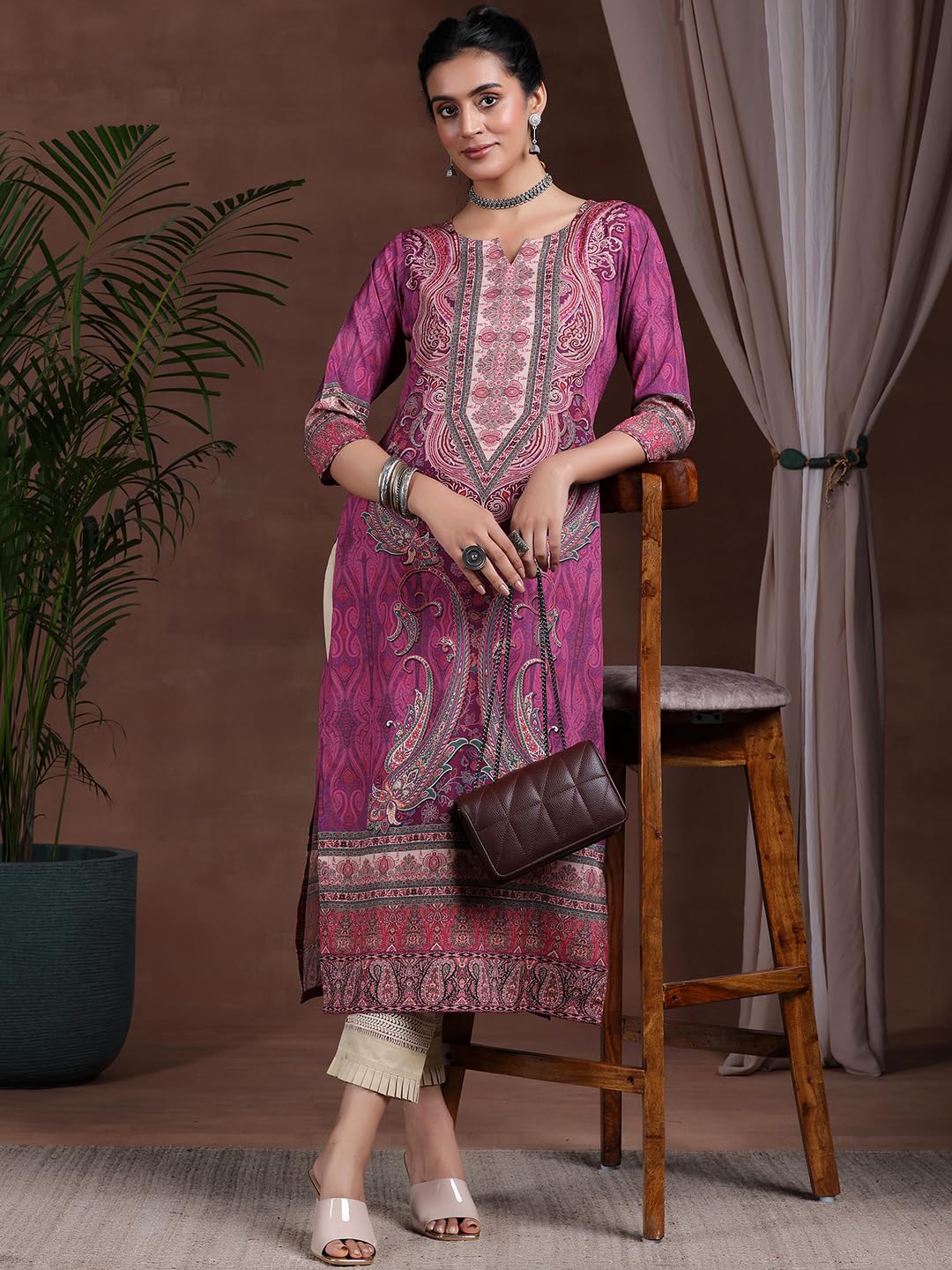 Libas WomenS Crepe Paisley Straight Kurta (292610R Mauve