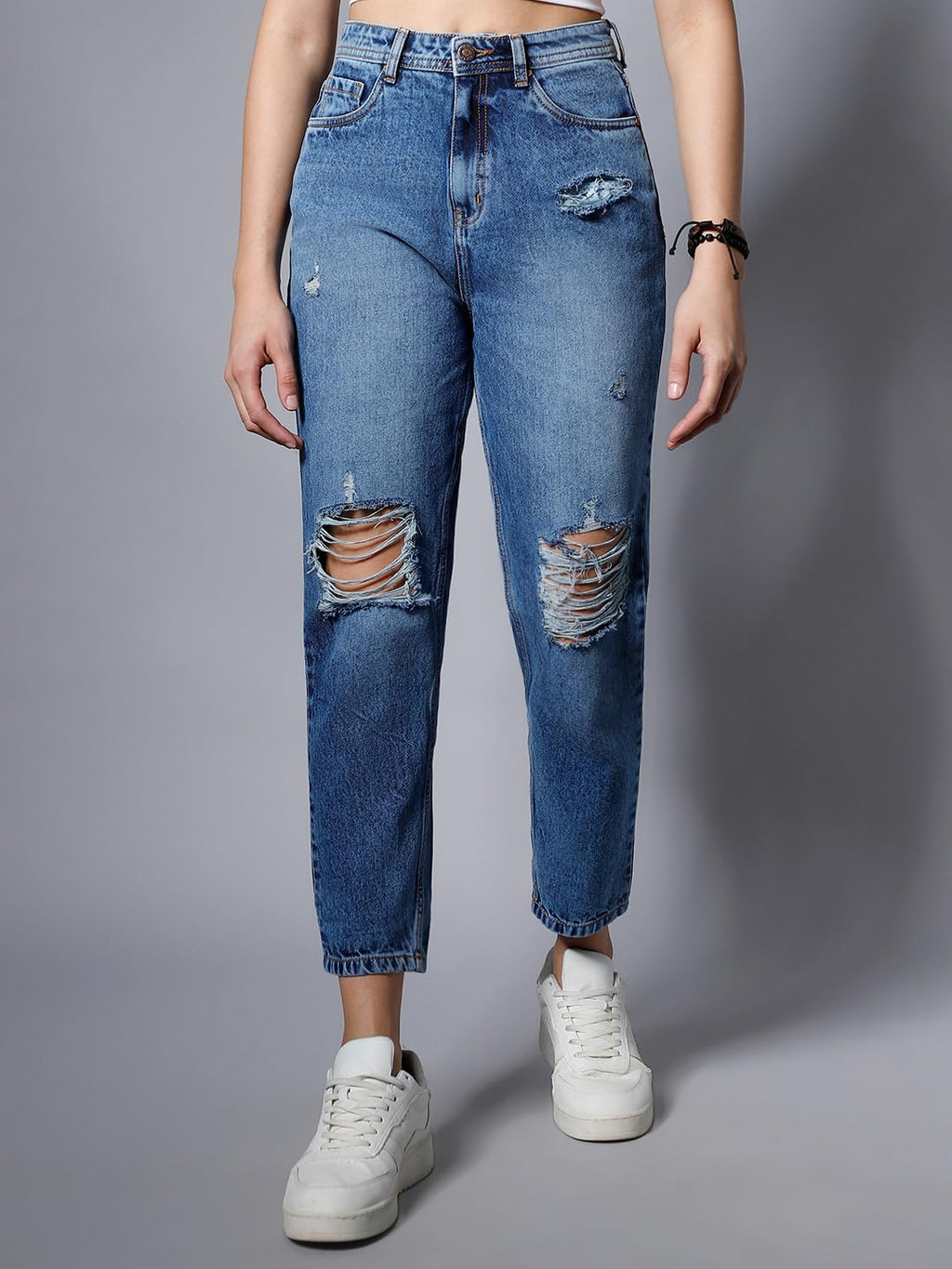 High Star Women Non Stretch Mom Fit High Distress Jeans (Blue, 34)