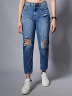High Star Women Non Stretch Mom Fit High Distress Jeans (Blue, 34)