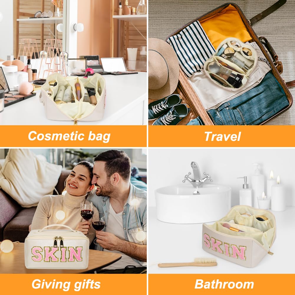 JOINDO Large Capacity Travel Cosmetic Bag, Chenille Letter Preppy Makeup Bag, PU Leather Open Flat Toiletry Bag Organizer with D