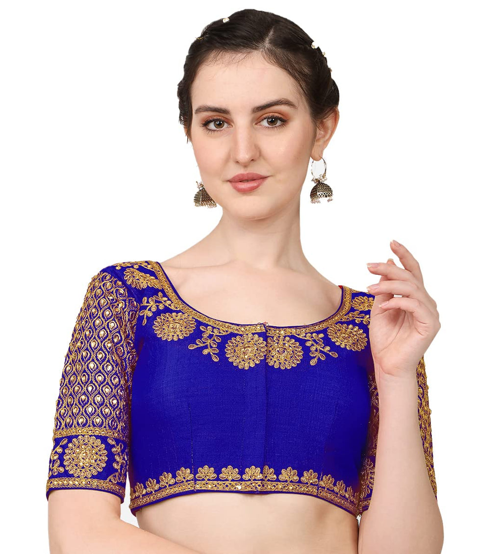 Pujia Mills Embroidery & Thread Work Phantom Silk Readymade Blouse Royal