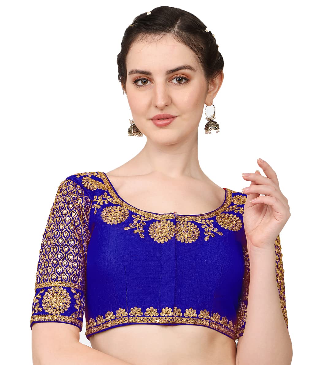 Pujia Mills Embroidery & Thread Work Phantom Silk Readymade Blouse Royal