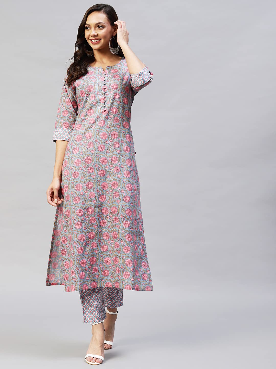 ANNI DESIGNER Womens Cotton Blend Straight Printed Kurta with Palazzo (Lochna Grey_M_ Grey_Medium)