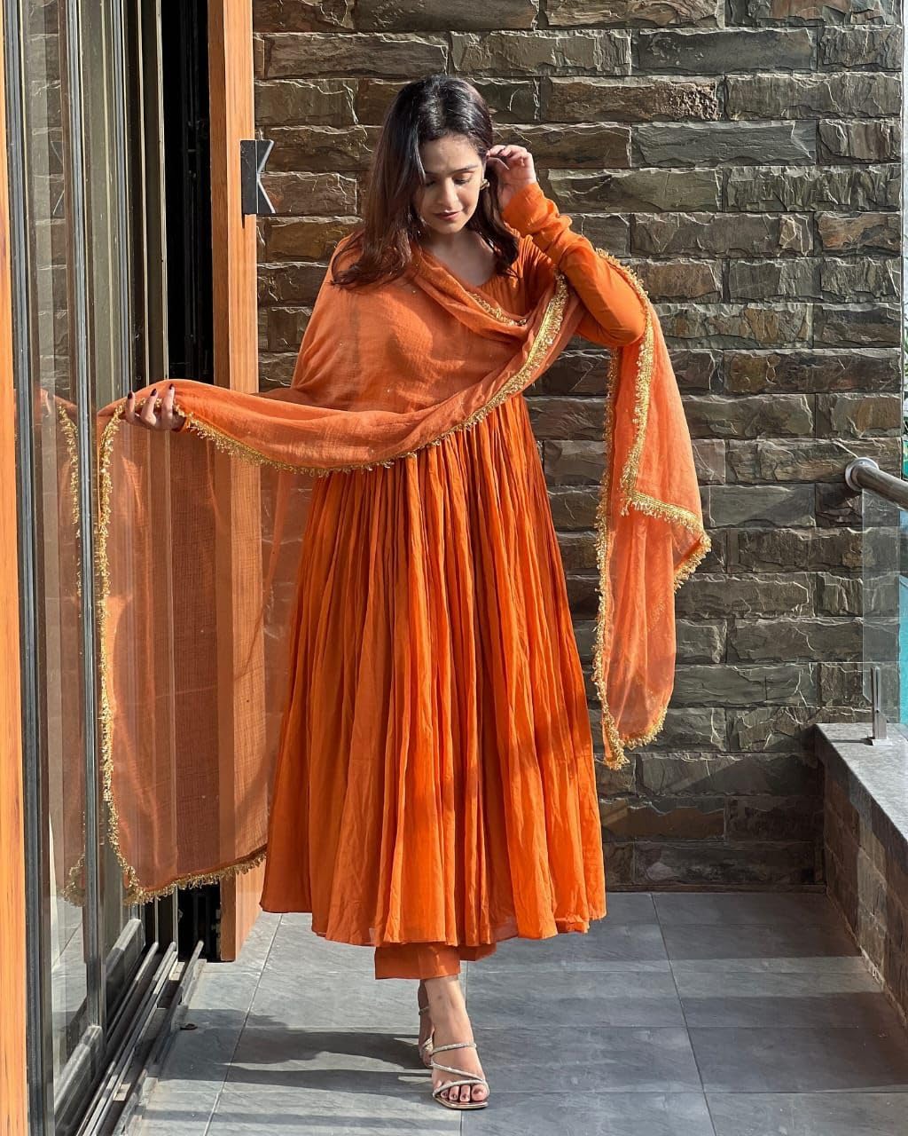 ANNI DESIGNER Womens Rayon Blend Anarkali Solid Kurta with Pant & Dupatta (Garbo Orange_L_Orange_Large)