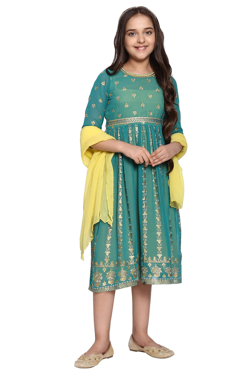 Green Flared Dress-Dupatta Girls Set