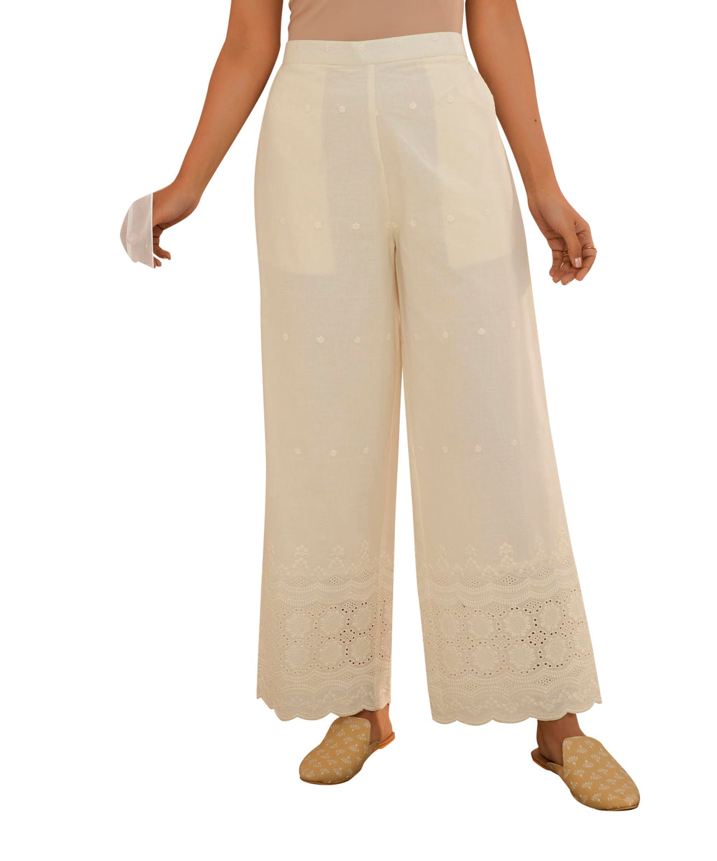 Libas Womens Embroidered Cotton Palazzos For Women Off White