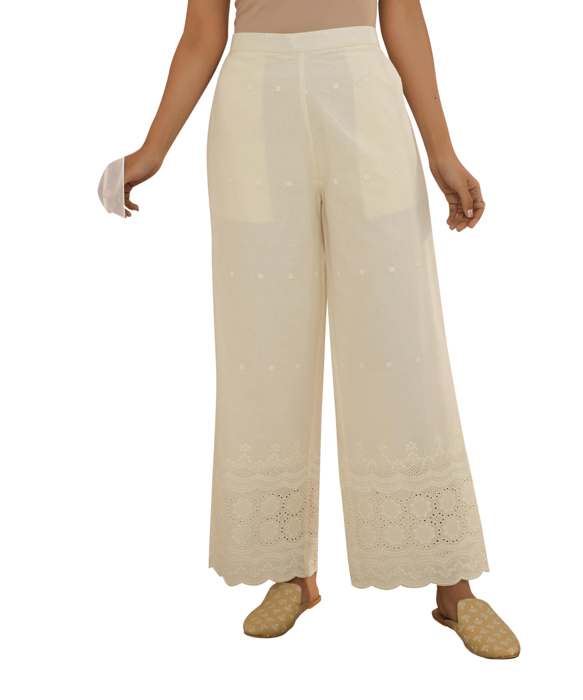 Libas Womens Embroidered Cotton Palazzos For Women Off White