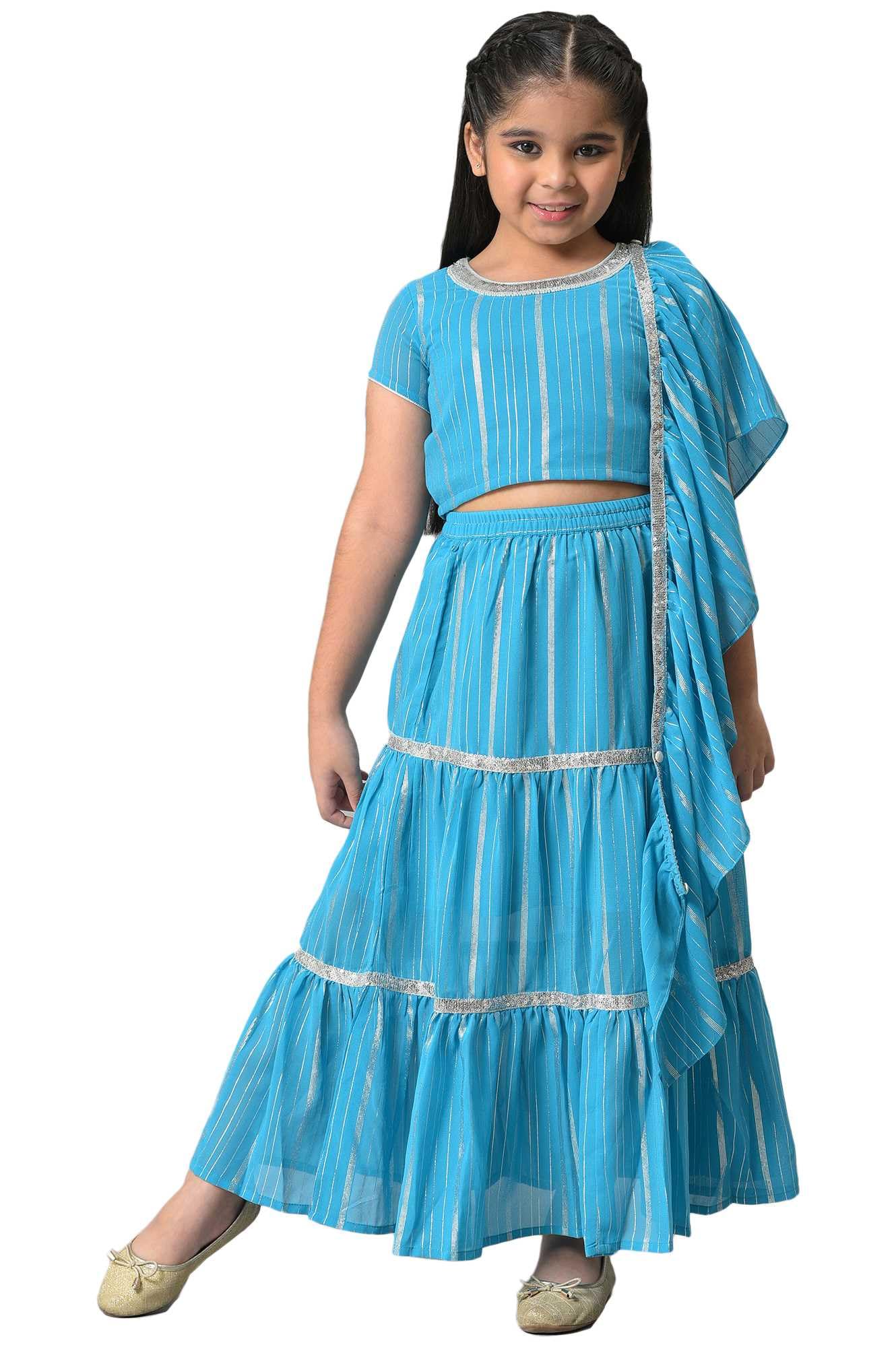 Aurelia Girls Polyester Top & Skirt & Dupatta (22FEG10240B-505649_Blue