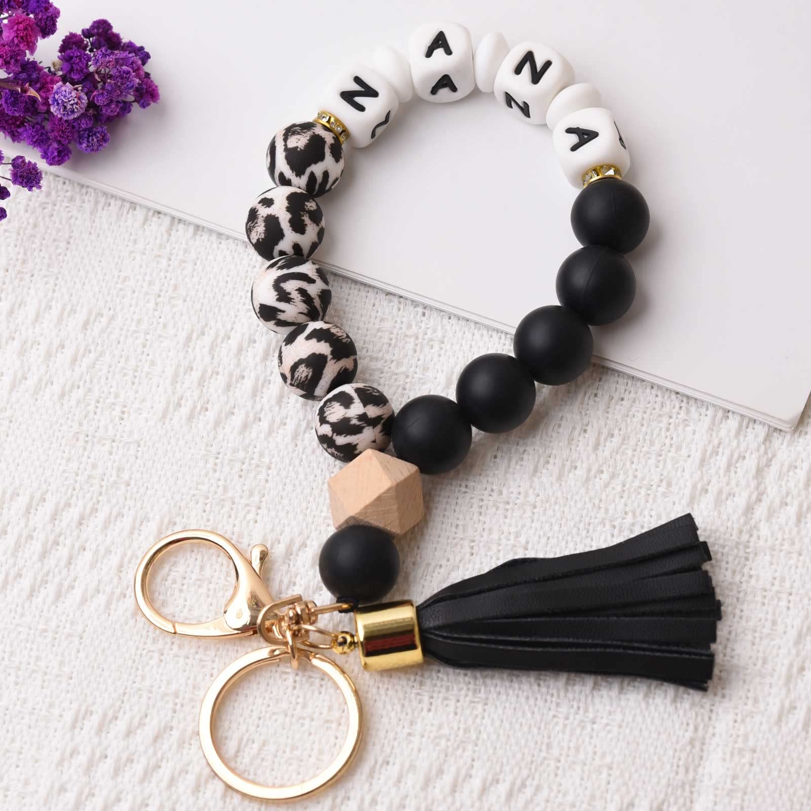 BAOSIWA Silicone Beaded Nana Key Chain Bracelet Wristlet Keyring Black Leopard Bangle Keychains Christmas Day Gifts for Women Gr