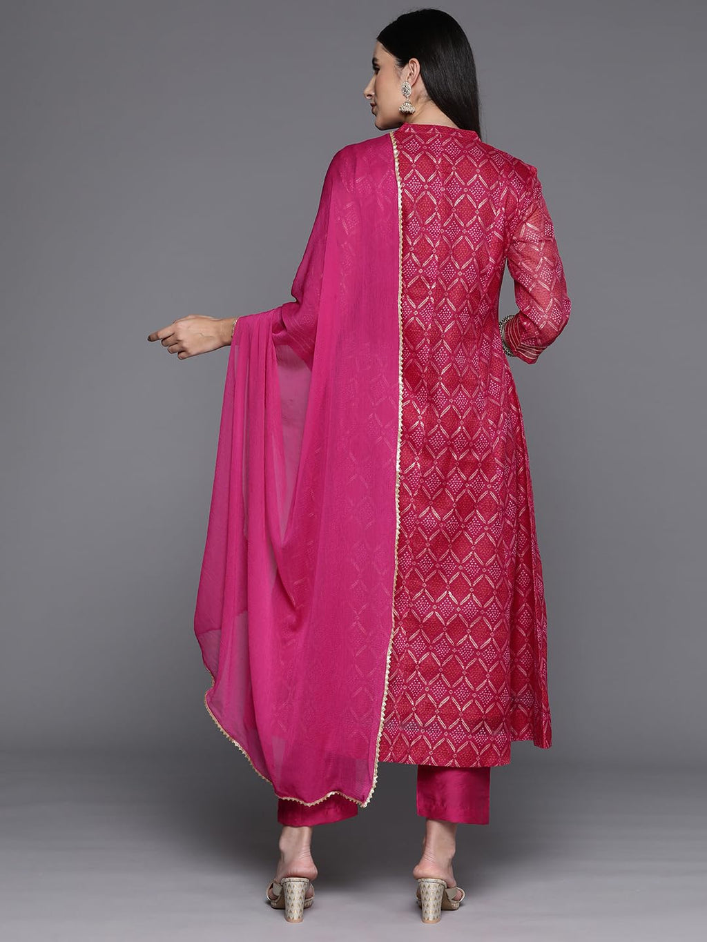 Varanga Women Pink Floral Printed Anarkali Kurtapaired With Tonal Printed Bottom And Dupatta