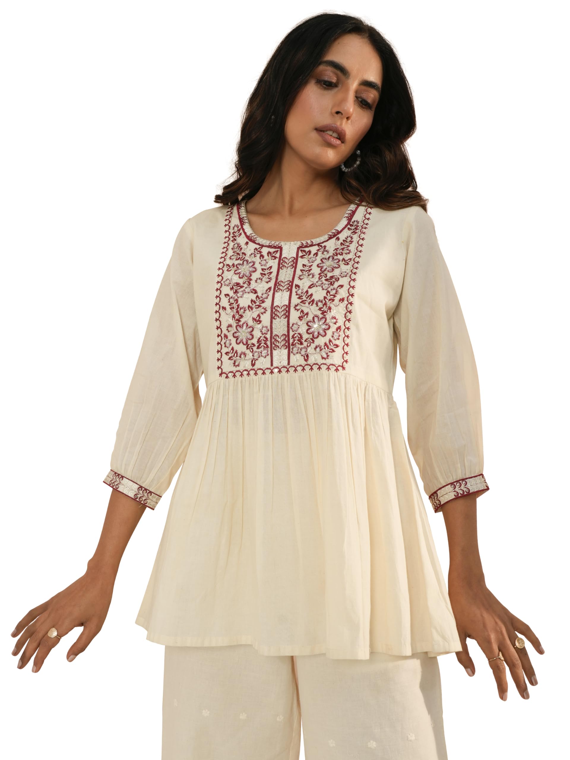 Libas WomenS Cotton Yoke Design A-Line Kurtis (26720_Off White