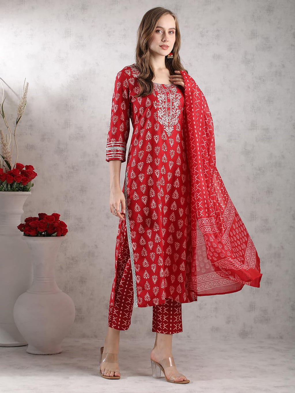 ANNI DESIGNER Women s Kurta with Trousers and Dupatta, Red, Medium
