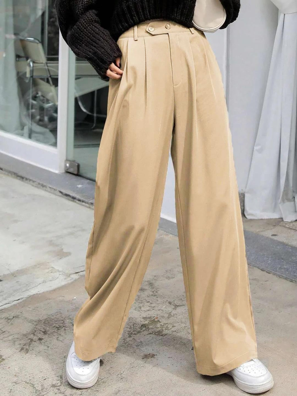 Kotty Womens Cotton Blend Straight Fit Solid Trousers Cream