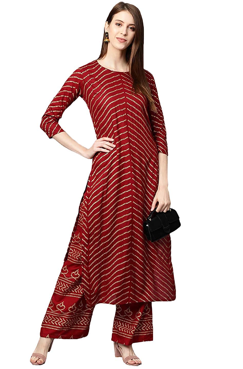 Gosriki Women'S Rayon Straight Printed Kurta With Palazzo(Kutch-New-Red_S-Red_Small)