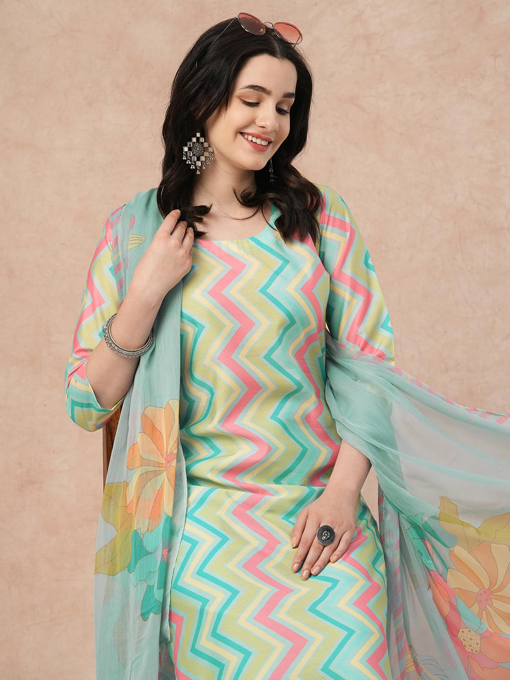 ANNI DESIGNER Women s Rayon Blend Kurta with Trousers and Dupatta, Pista, XL