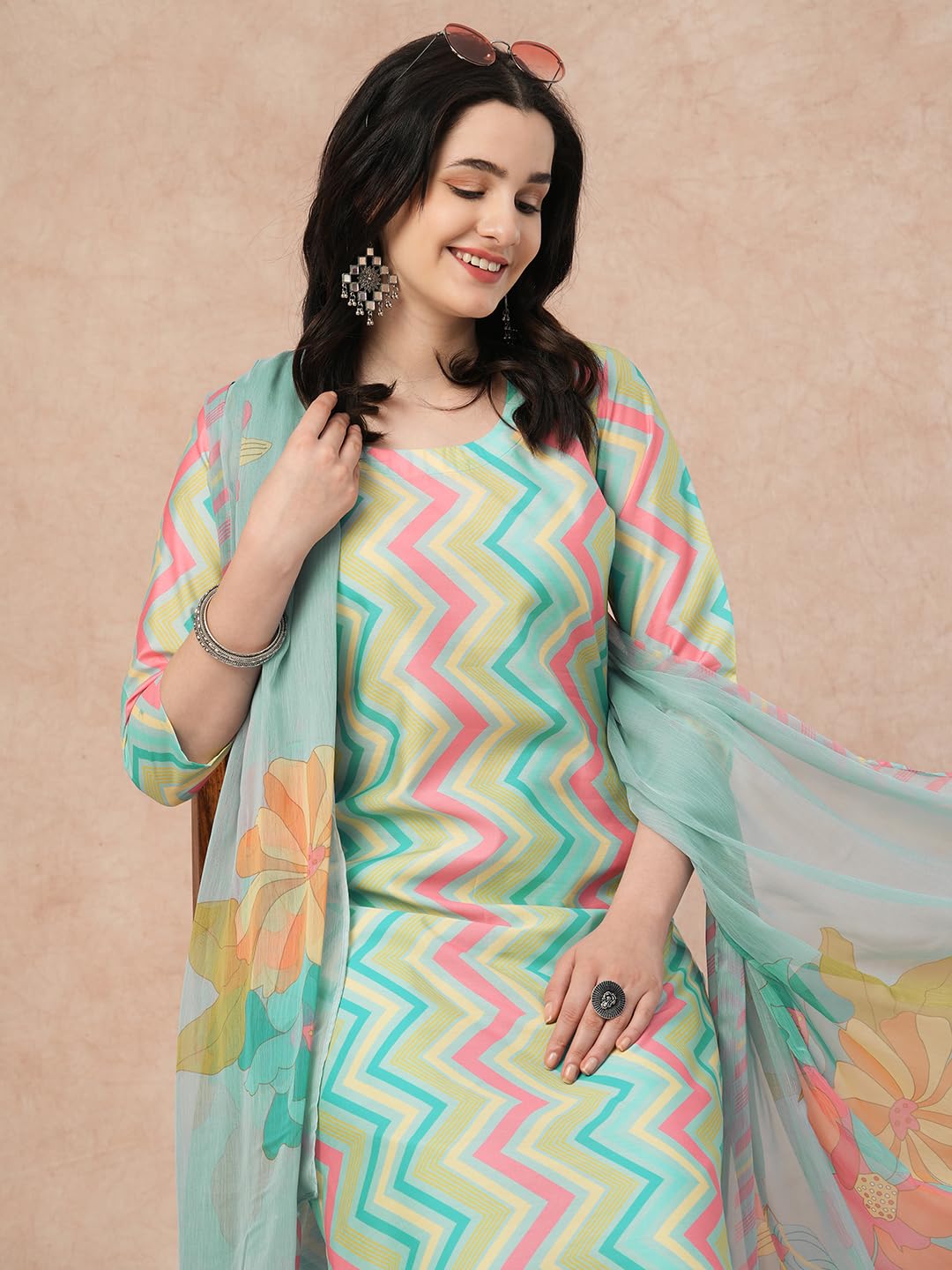 ANNI DESIGNER Women s Rayon Blend Kurta with Trousers and Dupatta, Pista, XL
