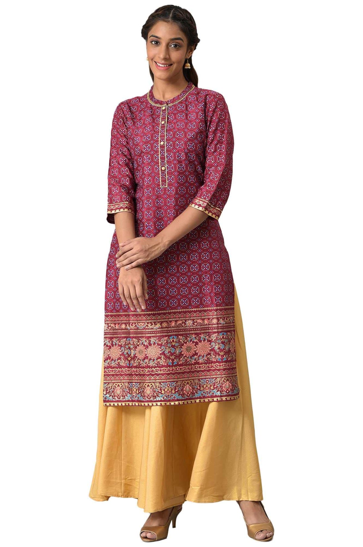 Maroon Foil Printed Shantung Liva Kurta