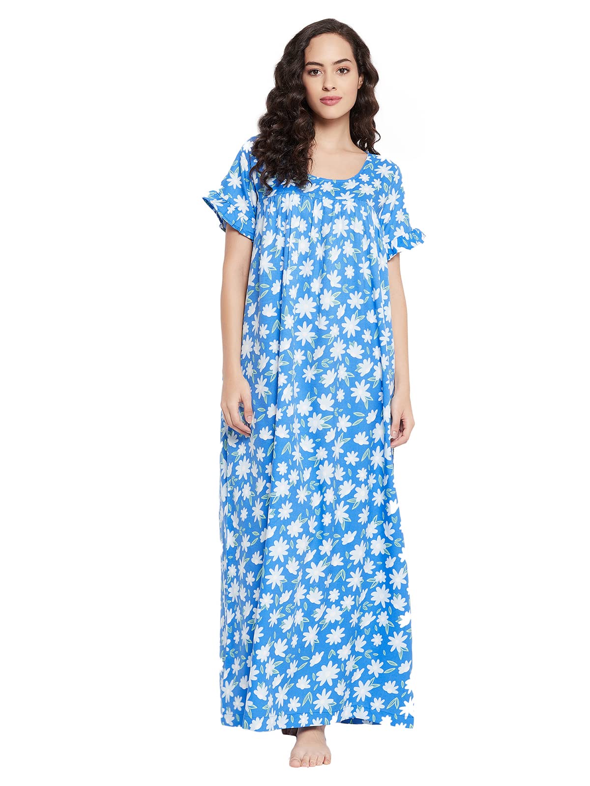 Clovia Womens Cotton Pretty Florals Long Night Dress (NS1211D08_Blue_M)