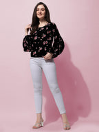 Black Floral Print Blouson Top in Crepe Fabric with Round Neck and Full Sleeve