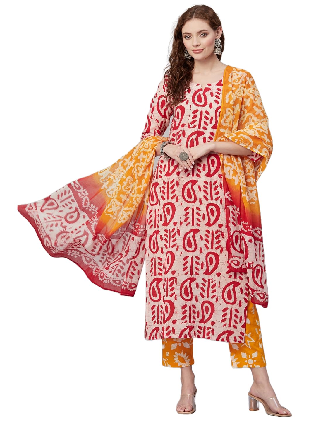 ANNI DESIGNER Womens Cotton Blend Printed Straight Kurta with Pant & Dupatta (Tiguna-Pink_M_Pink_Medium)