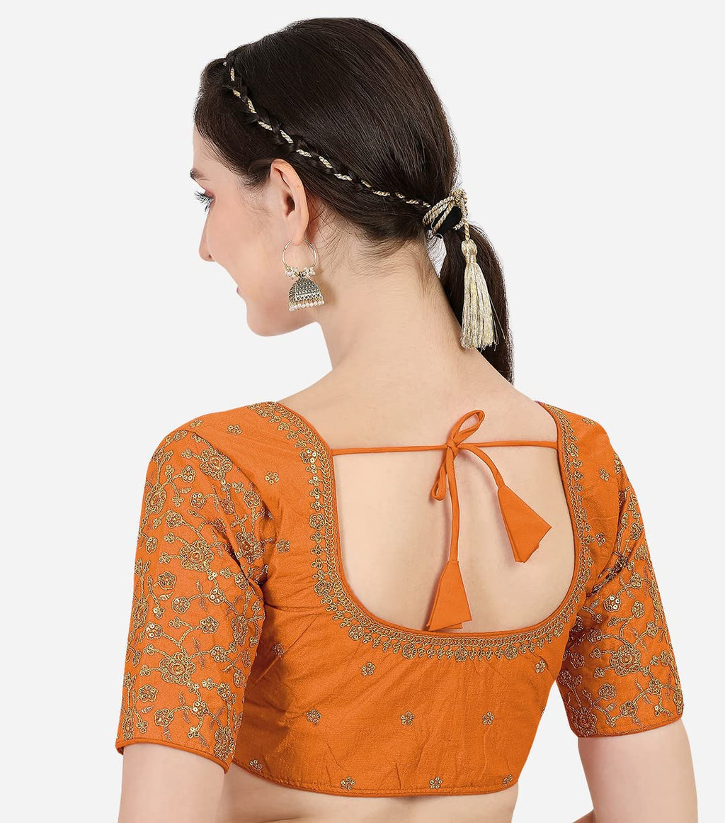Pujia Mills Womens Embroidery Handwork & Work Flower Design Readymade Half Sleeve Silk Blouse