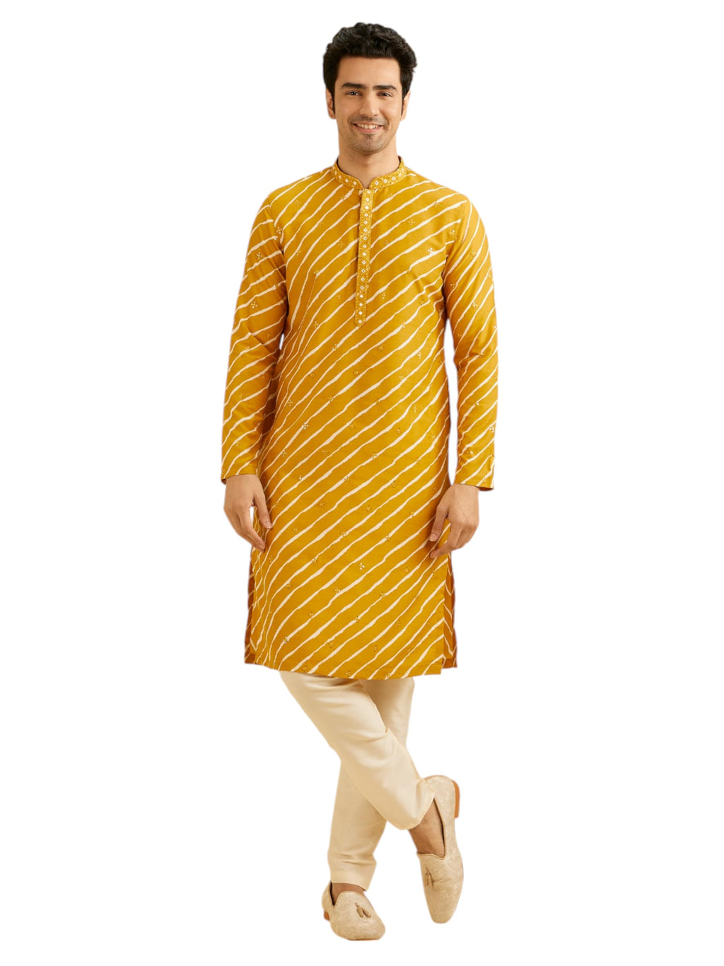 Manyavar Mens Art Silk Leheriya Printed Kurta Set (Mustard,XL)