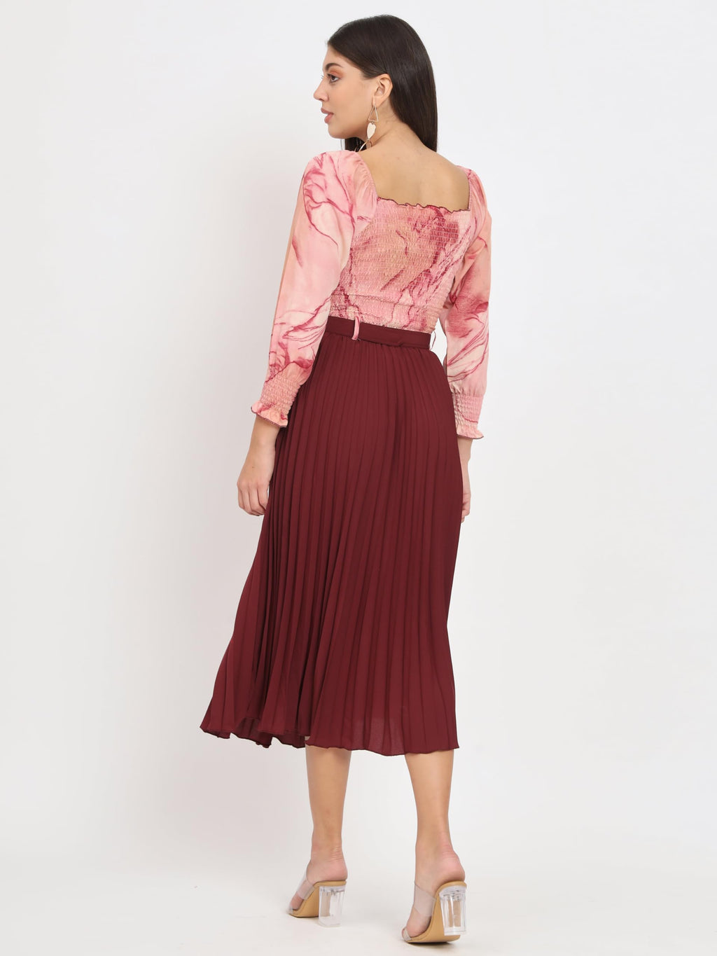 Kzully WomenS Knee-Length A-Line Dress With Pleats, Has An Square Neck, Printed Top Comes With A Belt Maroon