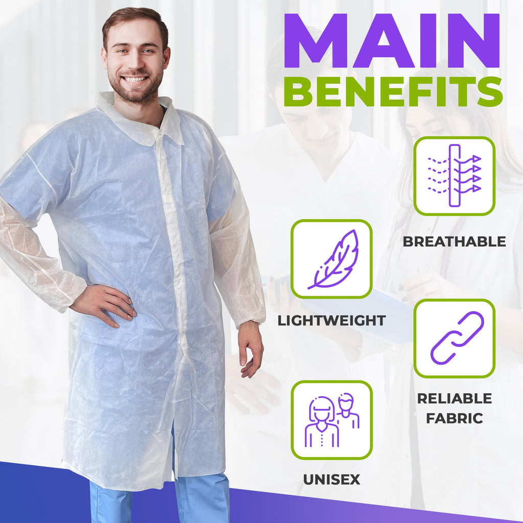 AMZ Medical Supply Disposable Lab coats for Adults 2X-Large, White Polypropylene Lab coats Disposable 100 Pack, Durable 35 gSM D